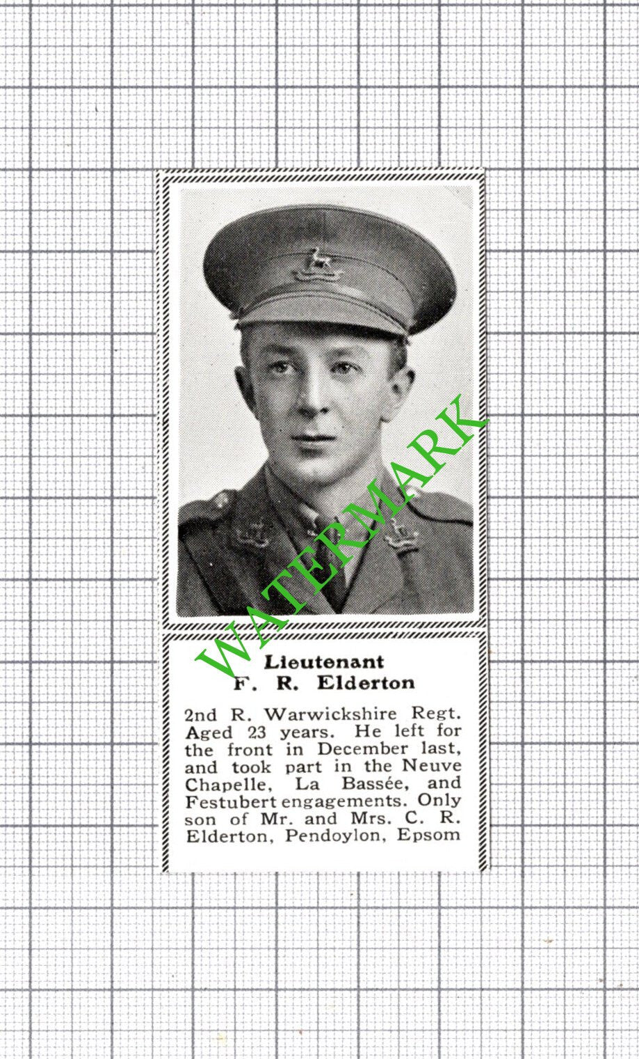 Lt F R Elderton 2nd R Warwickshire Regiment Epsom WW1 - c.1918 SMALL Cutting