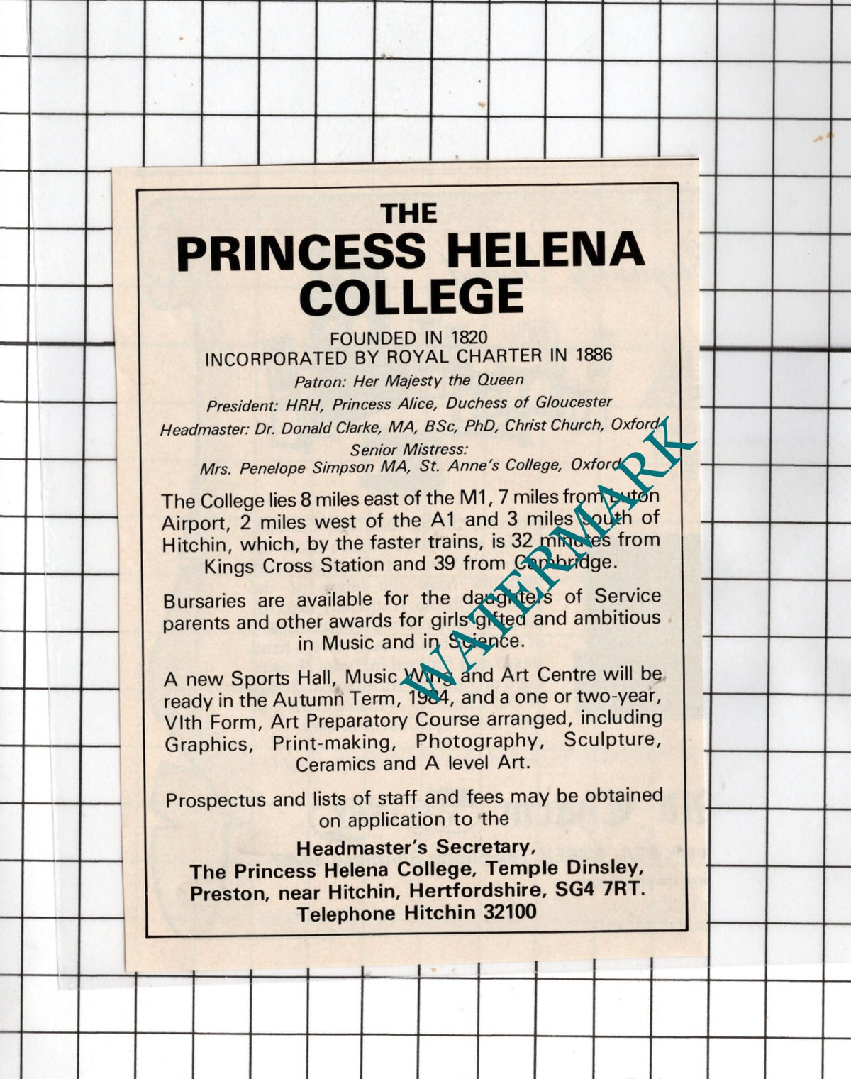 The Princess Helena College Temple Dinsley Hertfordshire - 1984 Small Advert