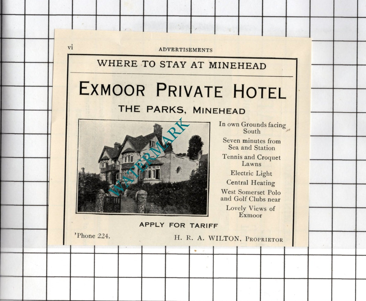 Exmoor Hotel The Parks Minehead Somerset HRA Wilton - c.1923 Small Advert
