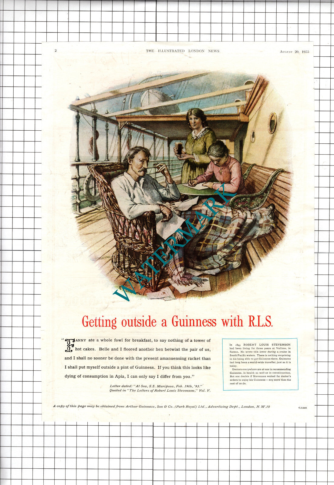 Guinness Advert Robert Louis Stevenson SS Mariposa Ship 1955 Cutting BIT TATTY!