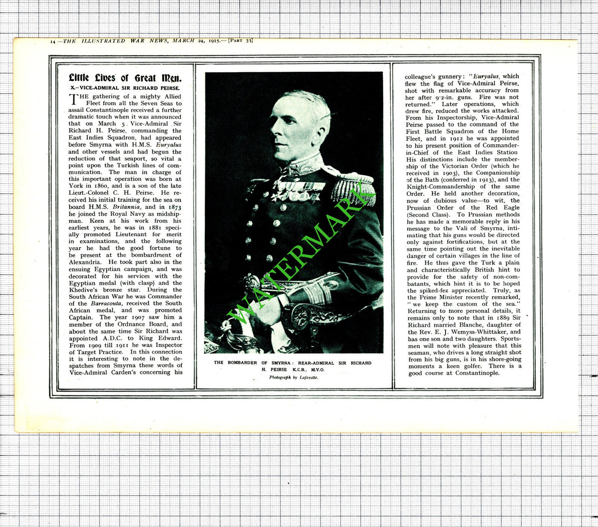 Vice Admiral Sir Richard Peirse WW1 Great War Smyrna - 1915 Cutting / Print
