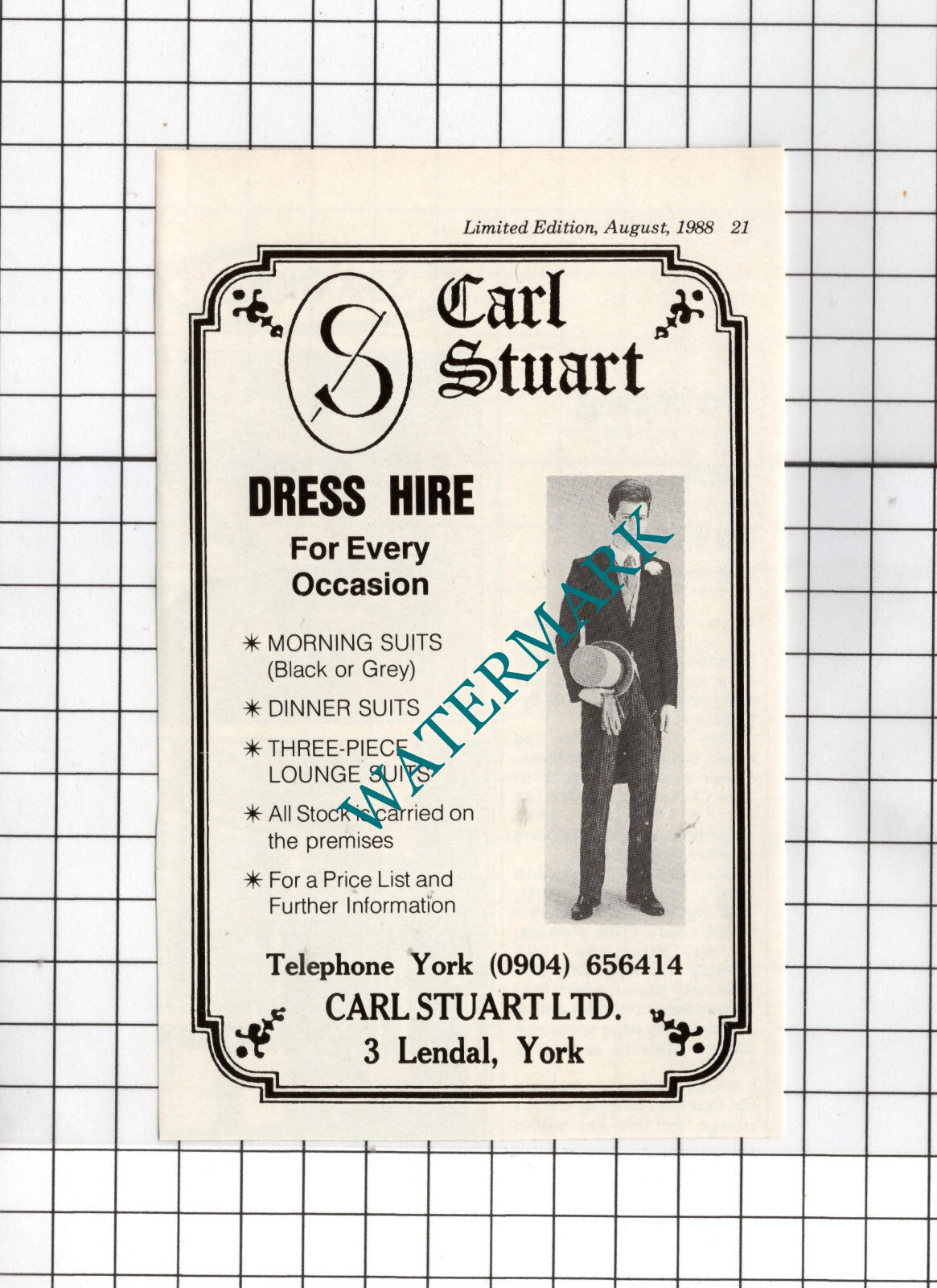 Carl Stuart Dress Hire York Advert - 1988 Small Cutting