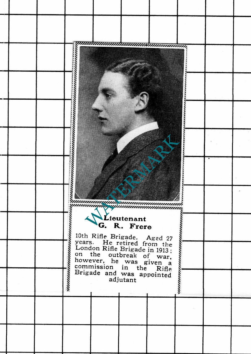 Lt G R Frere 10th Rifle Brigade WW1 Great War - c.1918 SMALL Clipping