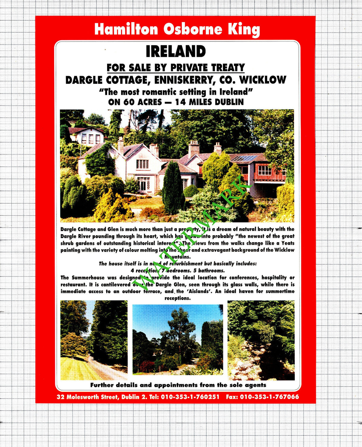 Dargle Cottage Enniskerry Co Wicklow Ireland House Sale Advert - 1991 Cutting