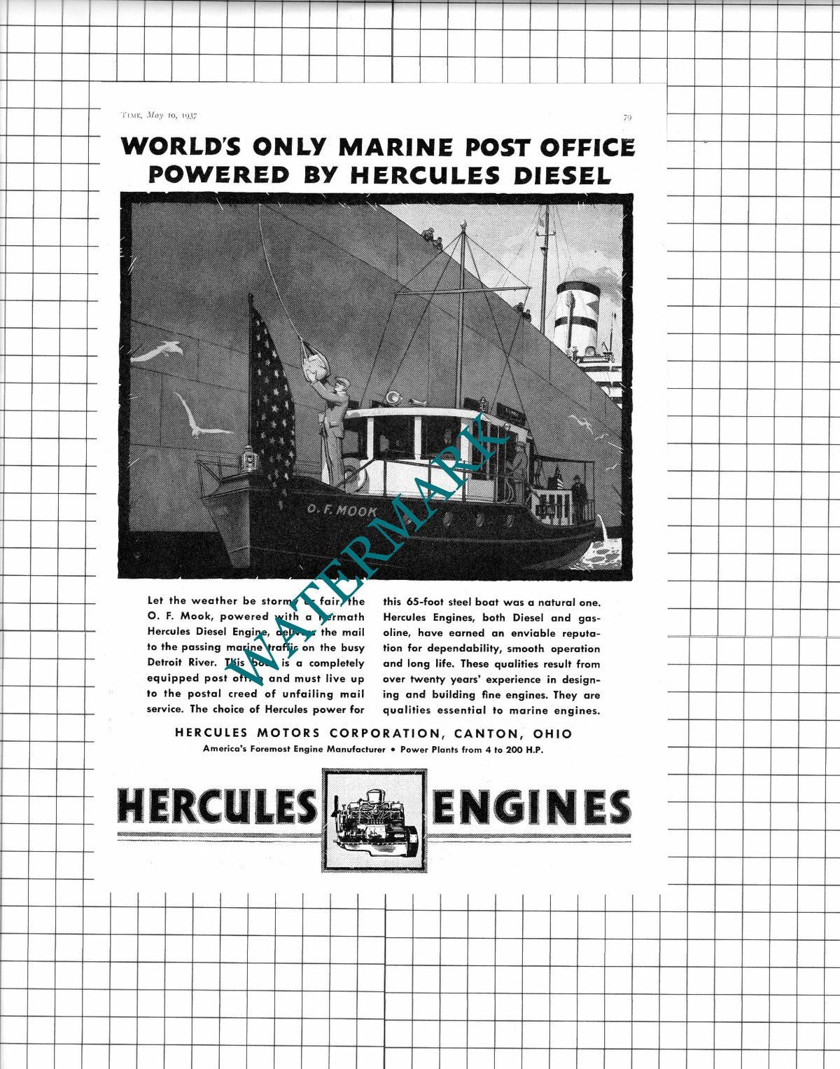 O F MOOK Marine Post Office Mail Boat Hercules Engines Advert - 1937 Clipping