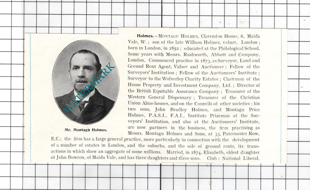 Mr Montagu Holmes Clarendon House 6 Maida Vale London - c.1905 Clipping
