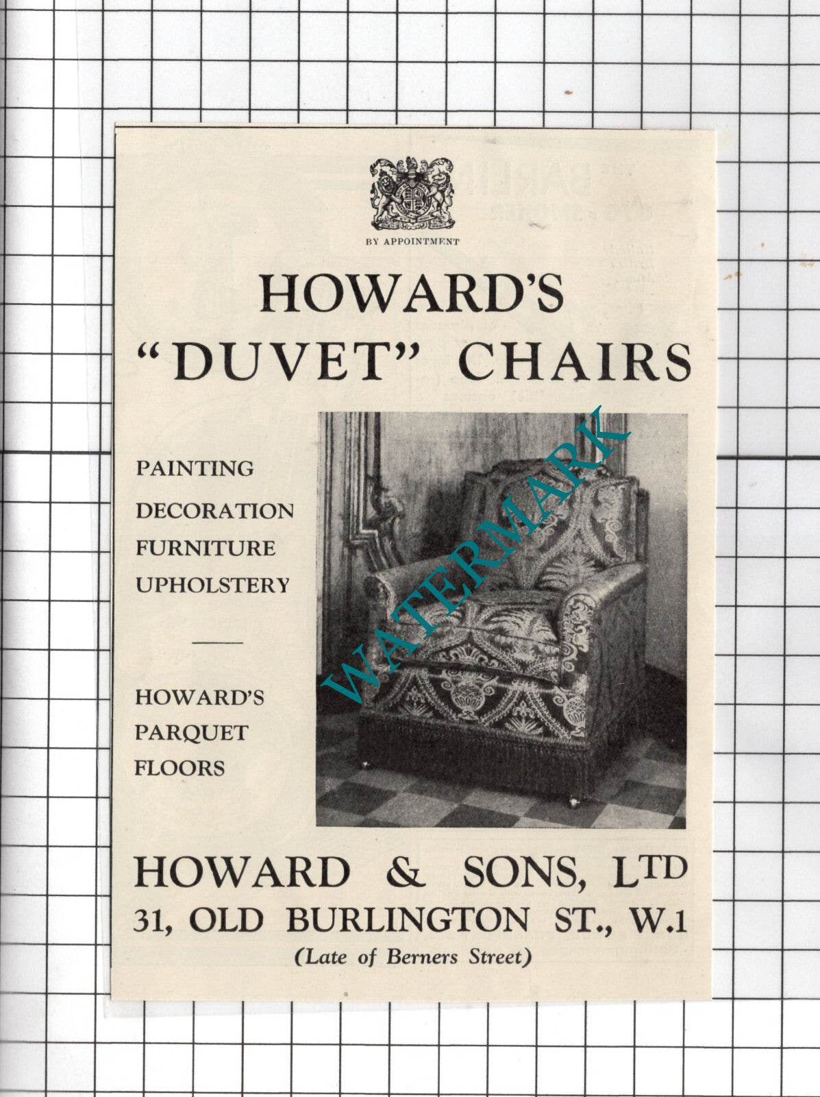 Howard & Sons Ltd 31 Old Burlington Street London Furniture - 1936 Small Advert