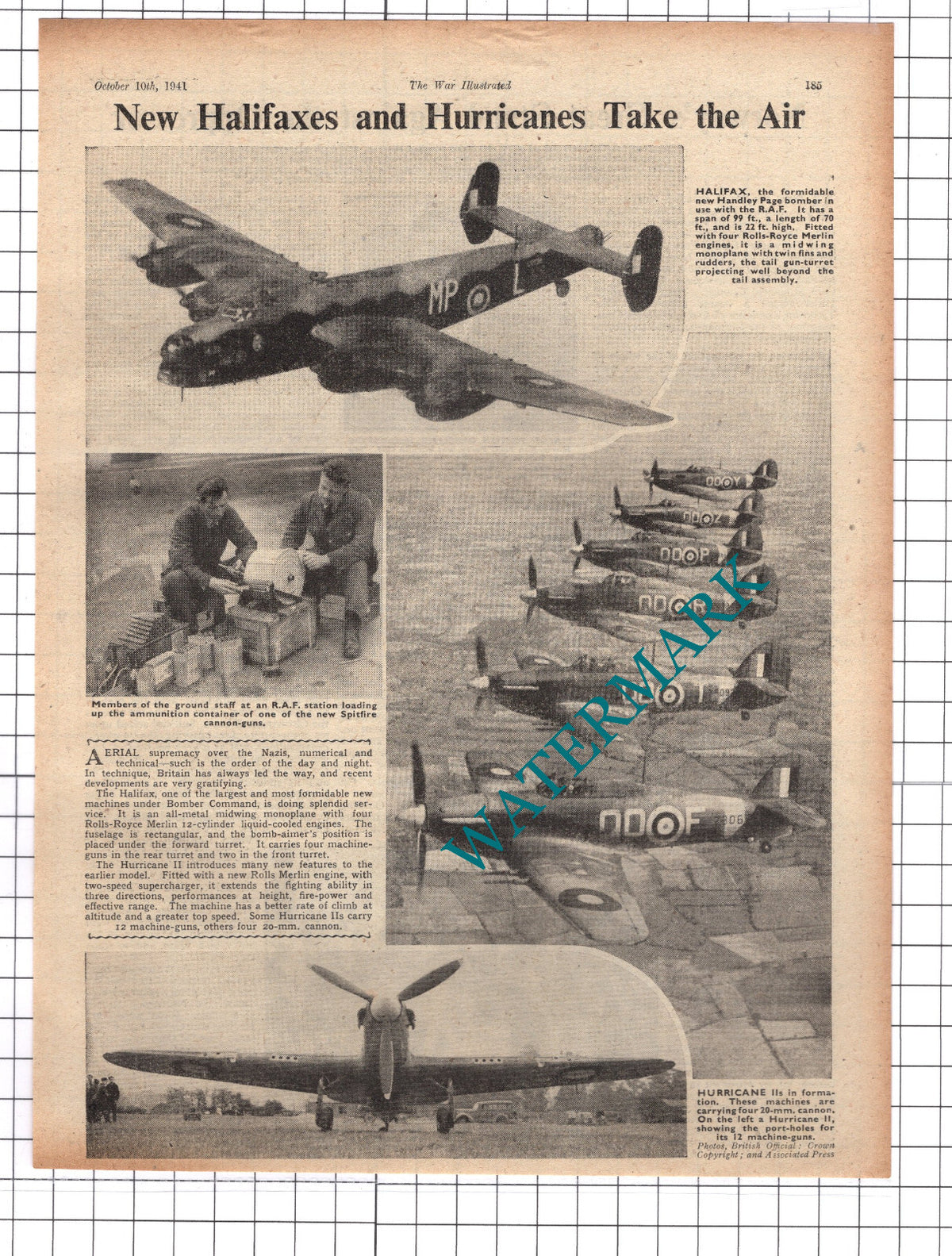 Halifax and Hurricane Bomber Plane World War Two WW2 - 1941 Clipping