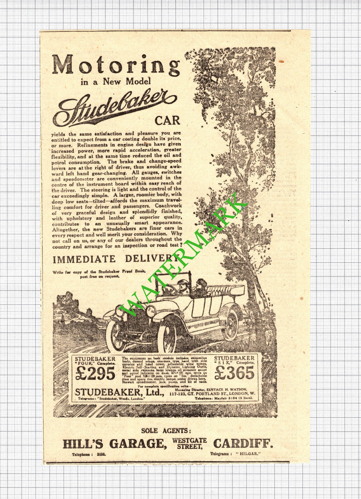 Studebaker Car Hill's Garage Cardiff Advert - 1916 Cutting