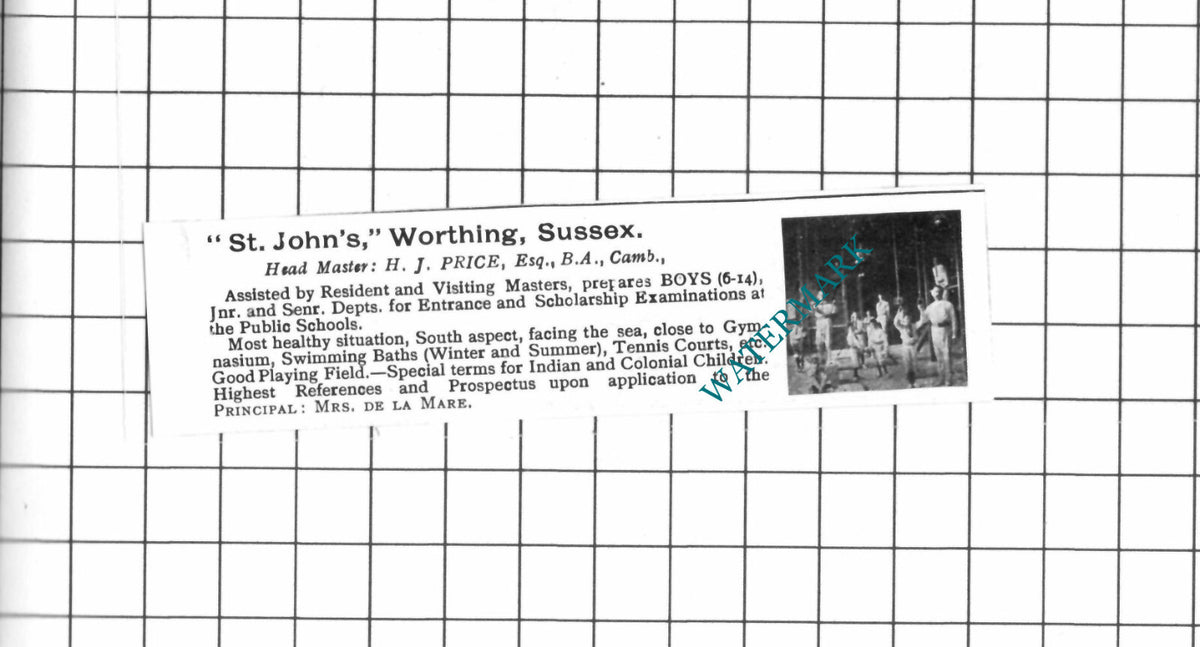 St John's Worthing Sussex H J Price Mrs De La Mare - 1903 SMALL Advert