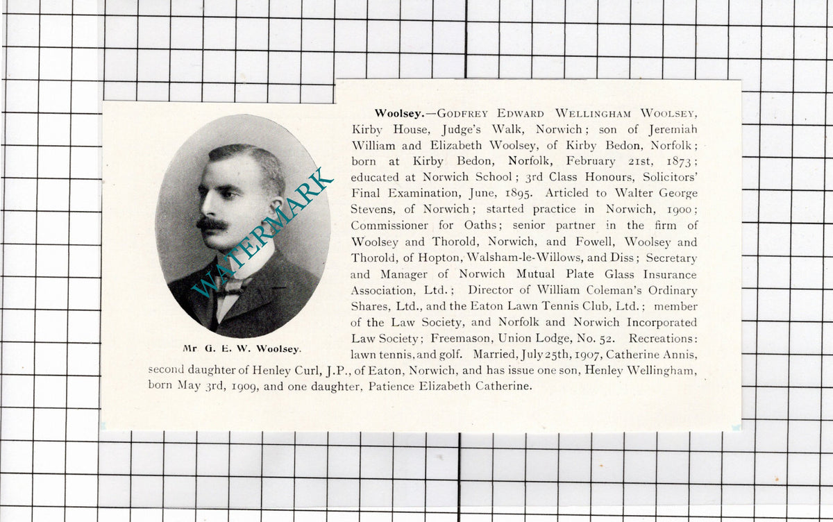Godfrey Edward Wellingham Woolsey Kirkby House Norwich - 1911 Clipping