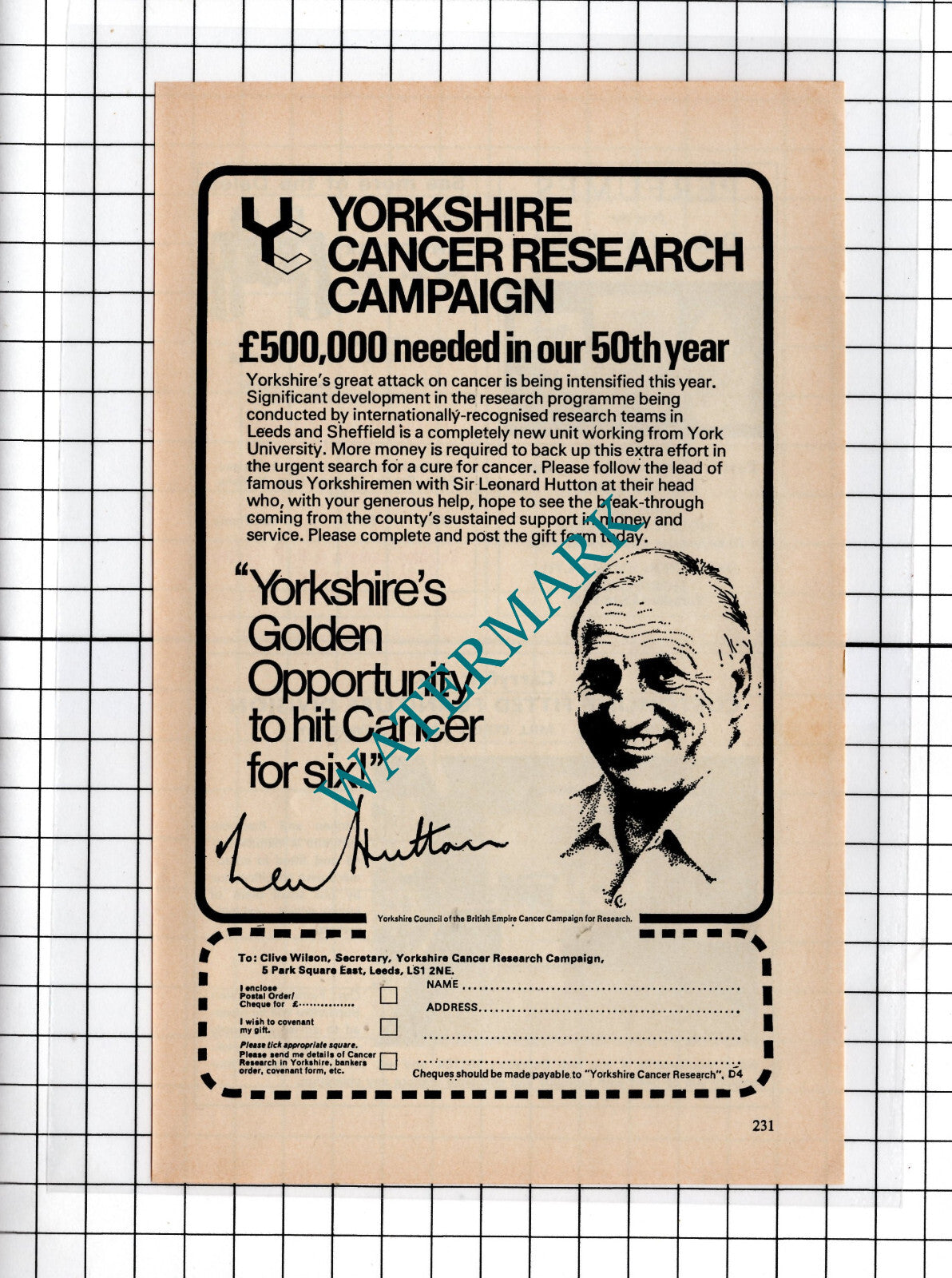 Yorkshire Cancer Research Campaign Len Hutton - 1976 Cutting
