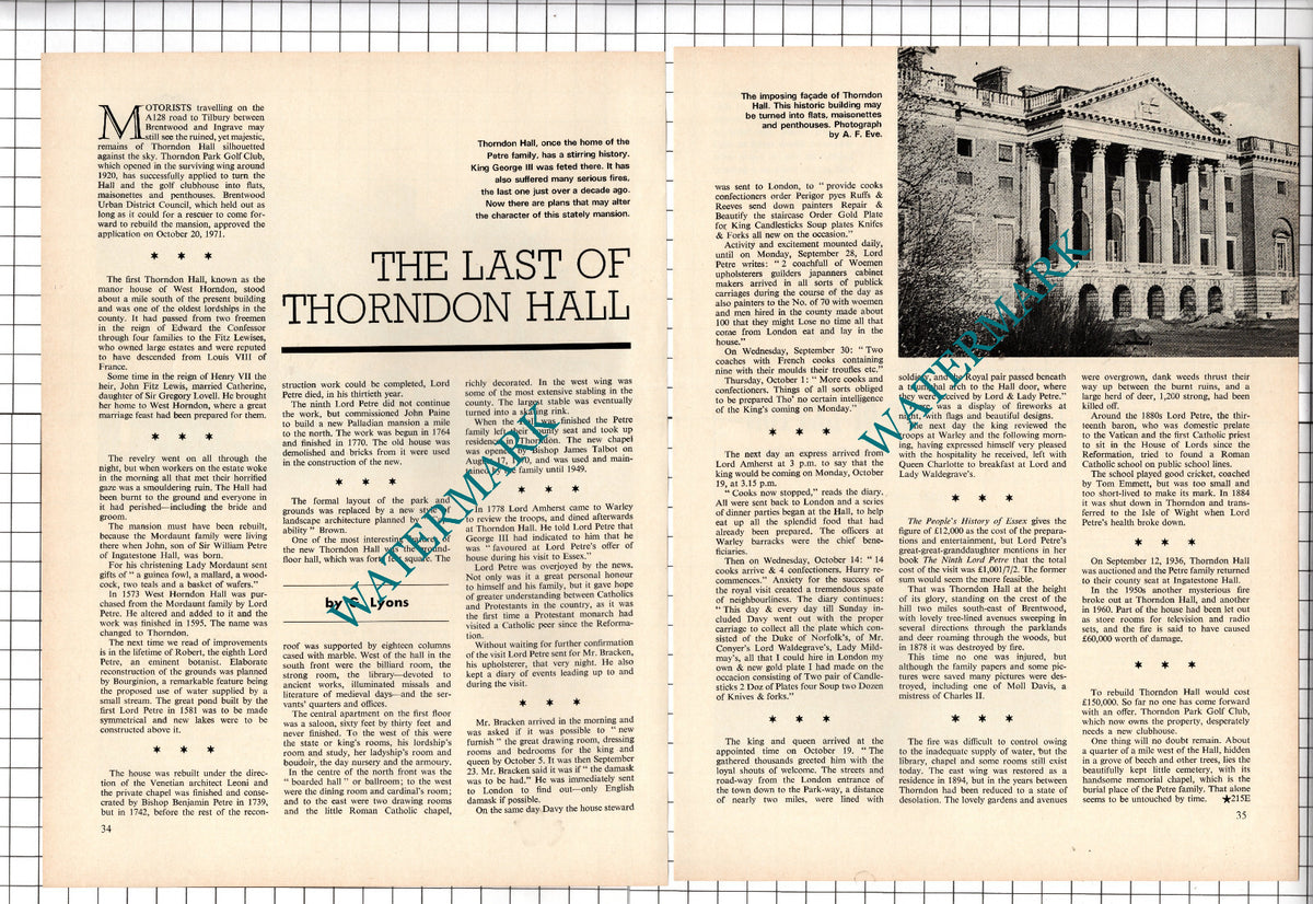 Thorndon Hall Thorndon Park Ingrave Essex Petre - 1972 Article