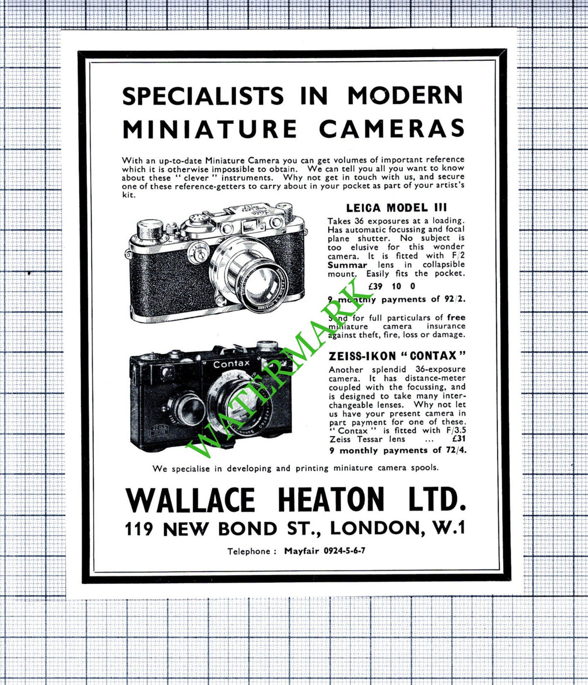 Wallace Heaton Ltd London Small Advert -1930's Cutting / Print