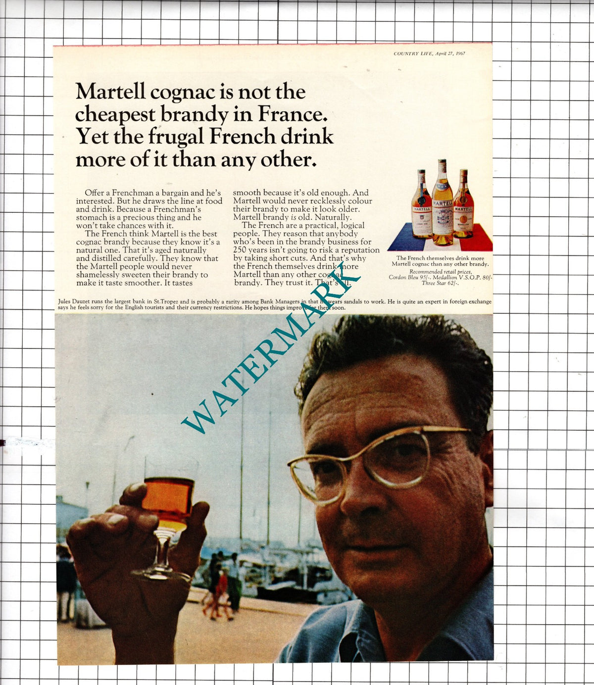 Jules Dauzet St Tropez Bank Manager Martell Cognac Brandy Advert - 1967