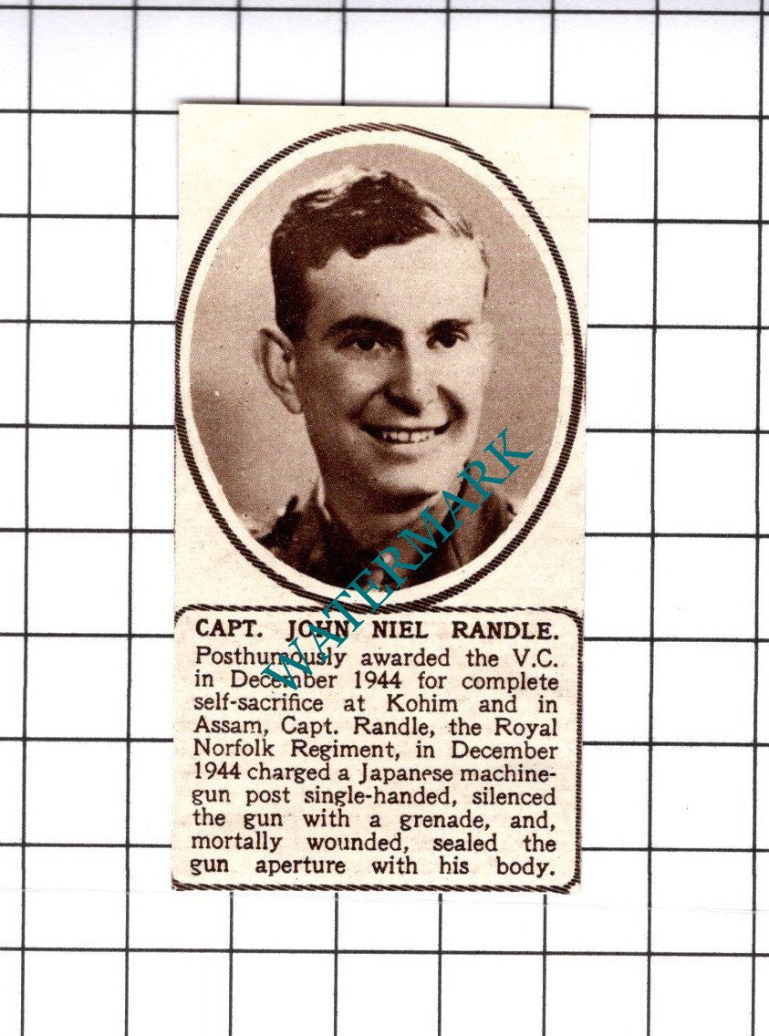 Capt John Niel Randle Royal Norfolk Regiment WW2 - 1945 SMALL Cutting