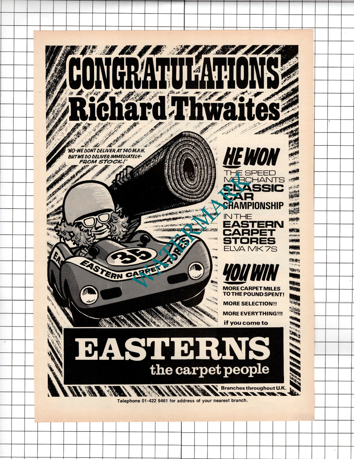 Richard Thwaites Racing Driver Easterns Carpets Advert - 1973 Cutting