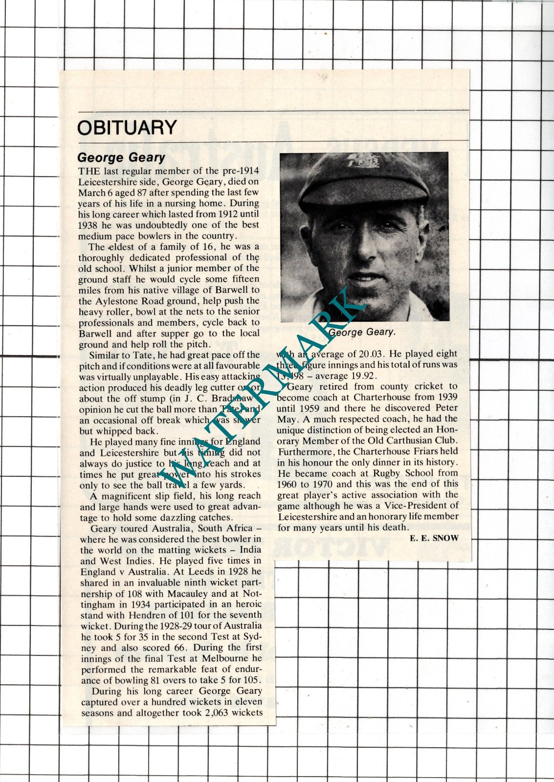 George Geary Cricketer Obituary - 1981 Clipping