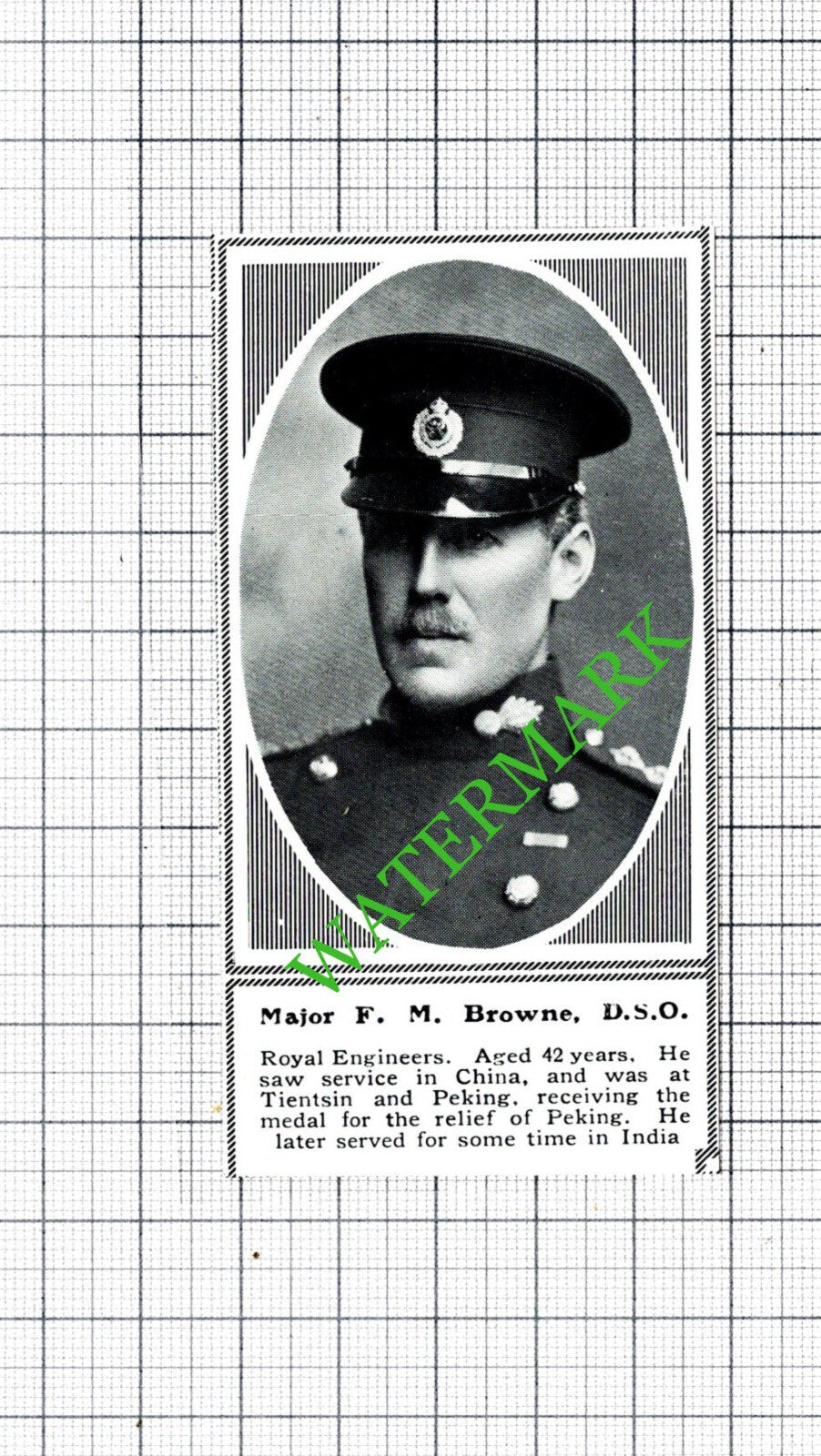 Major F M Browne Royal Engineers World War One WW1 - c.1918 SMALL Cutting