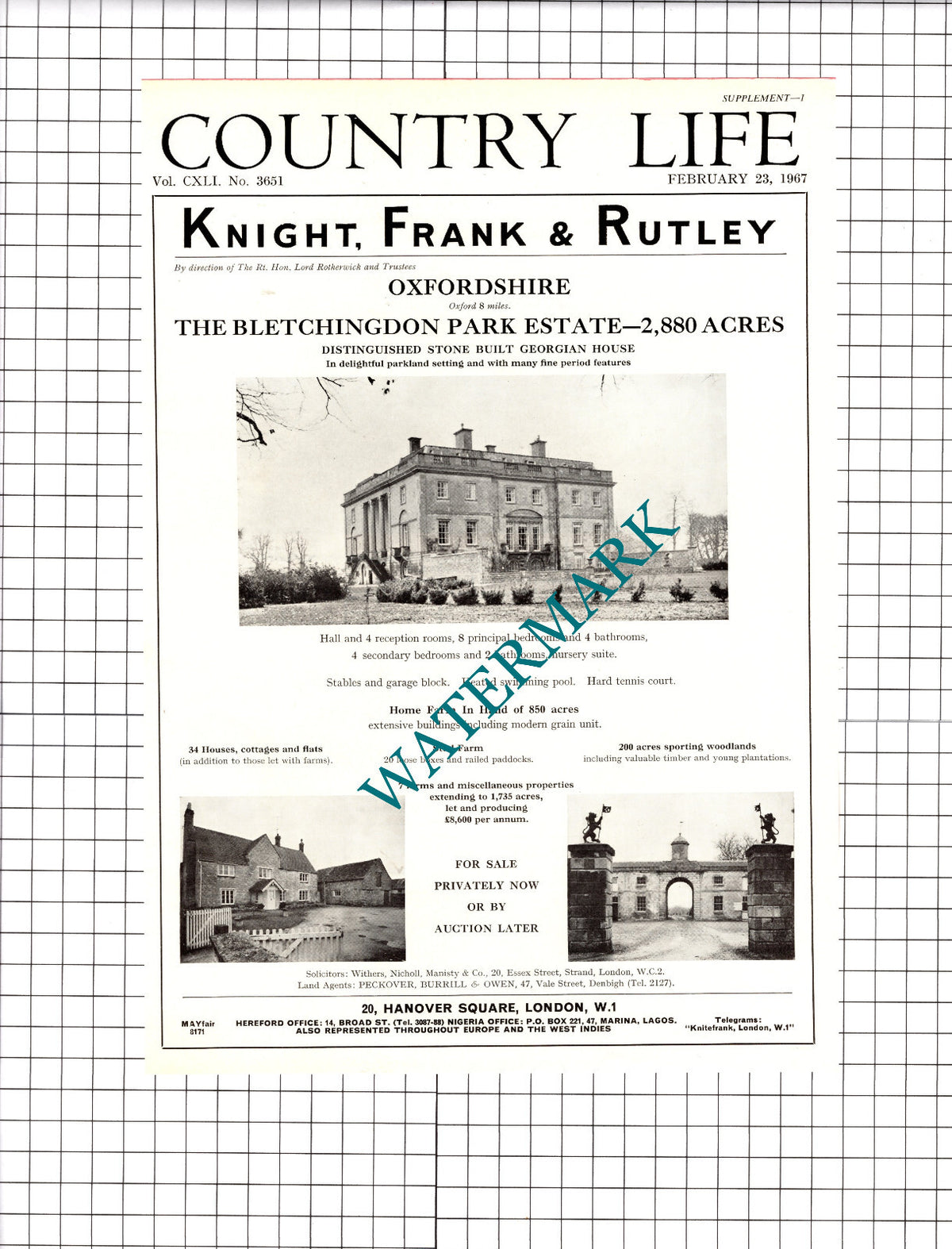 The Bletchingdon Park Estate Oxfordshire House Sale Advert - 1967 Cutting/ Print