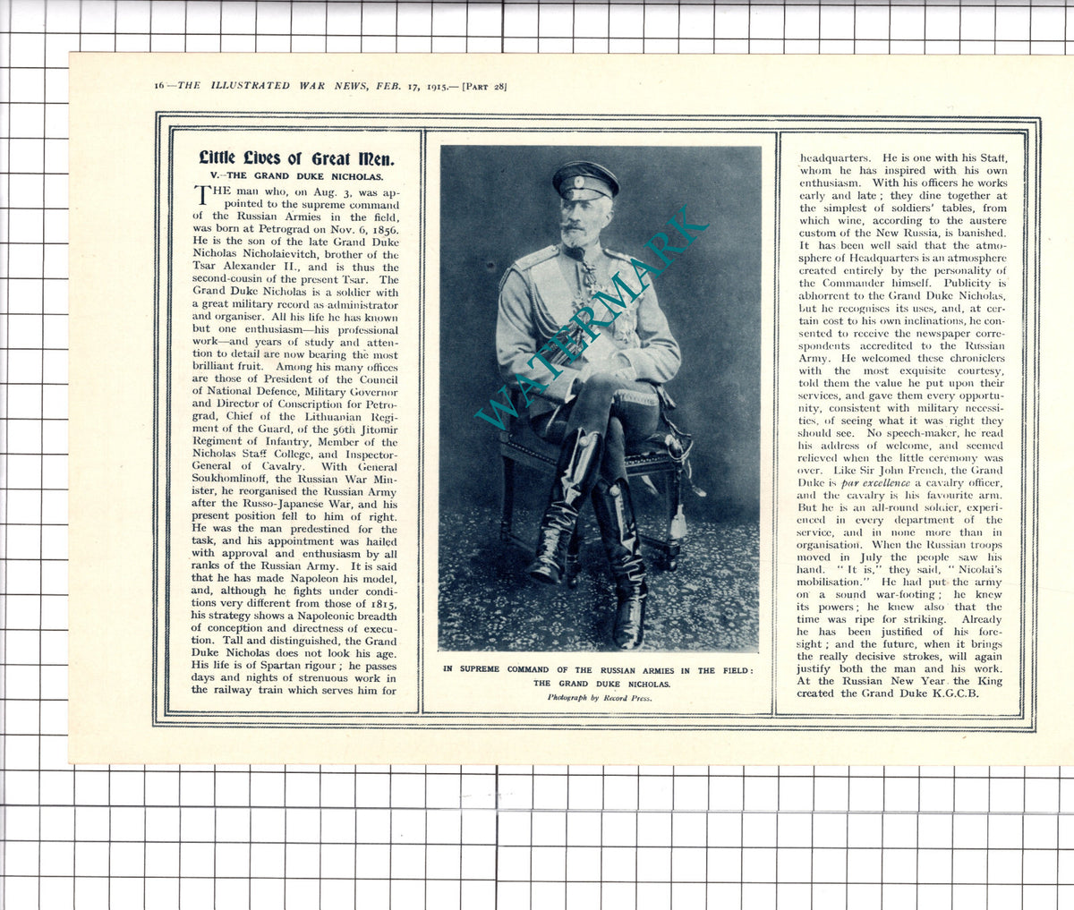 The Grand Duke Nicholas Great War WW1 - 1915 Clipping / Print