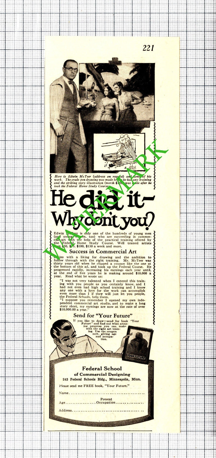 Edwin McTeer Artist Federal School USA Advert - 1929 Cutting