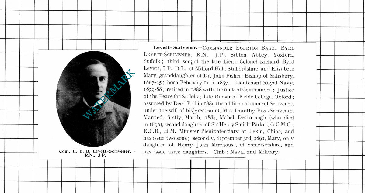 Cmdr Egerton Bagot Byrd Levett-Scrivener Sibton Abbey Yoxford - 1911 Clipping