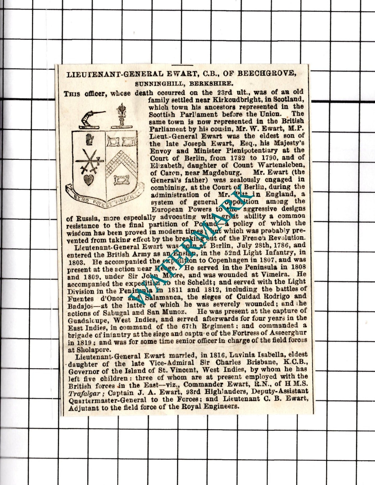 Lt Gen Ewart Beechgrove Sunninghill Obituary - 1854 Clipping
