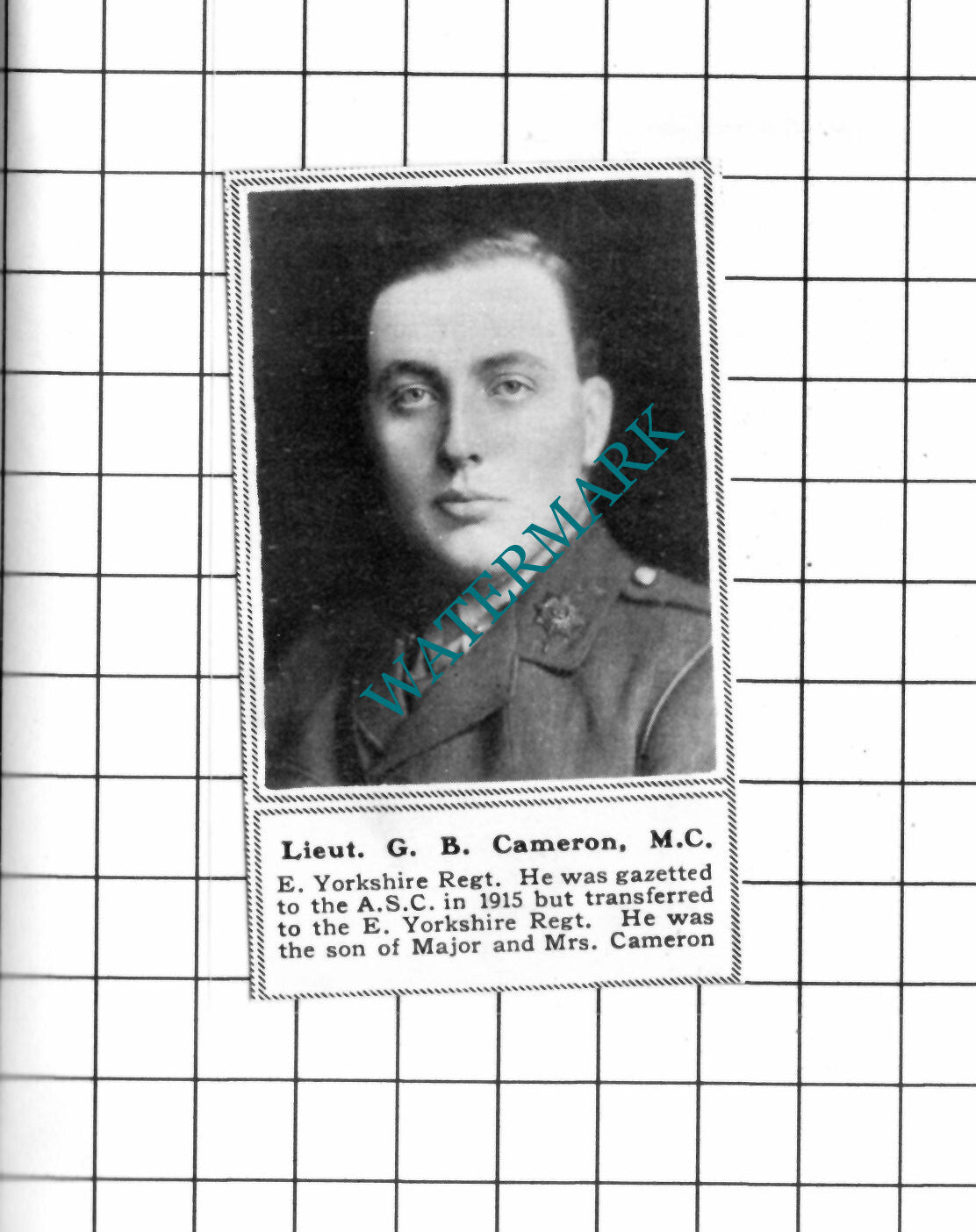 Lt G B Cameron East Yorkshire Regt WW1 - c.1918 SMALL Clipping / Print