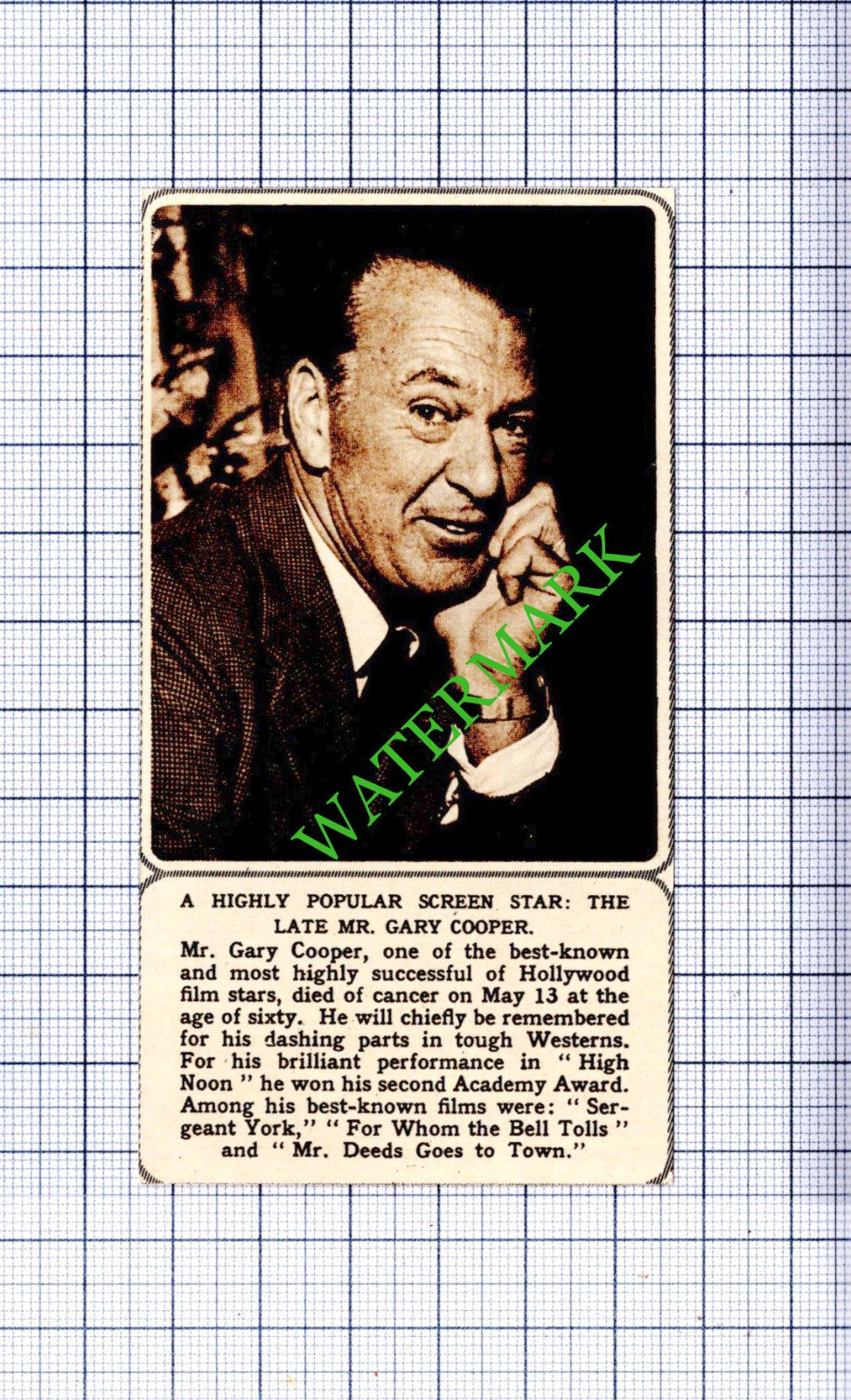 Mr Gary Cooper Actor Obituary - 1961 Small Cutting