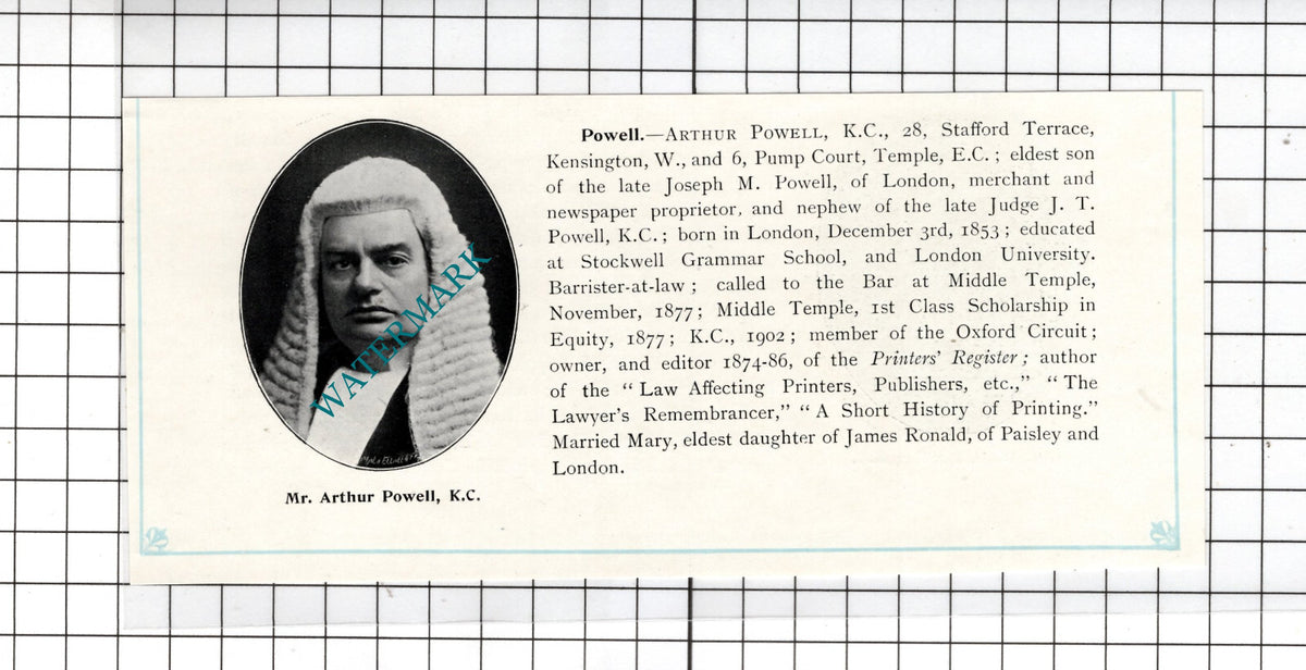 Arthur Powell KC 28 Stafford Terrace Kensington London - c.1905 Clipping