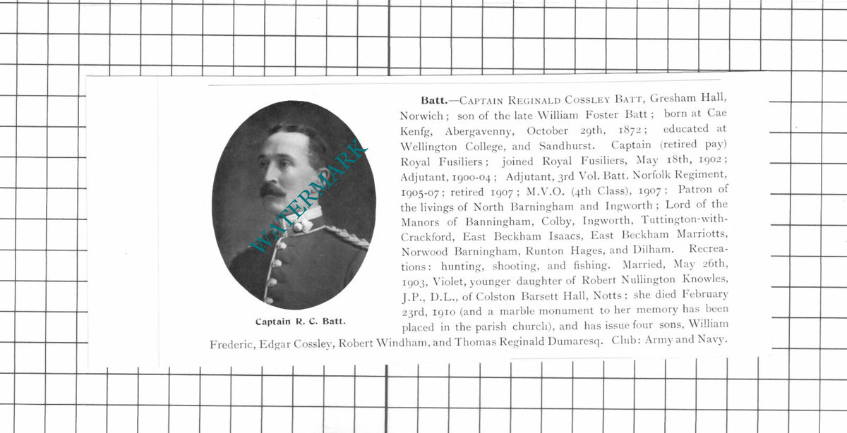 Captain Reginald Cossley Batt Gresham Hall Norwich - 1911 Clipping