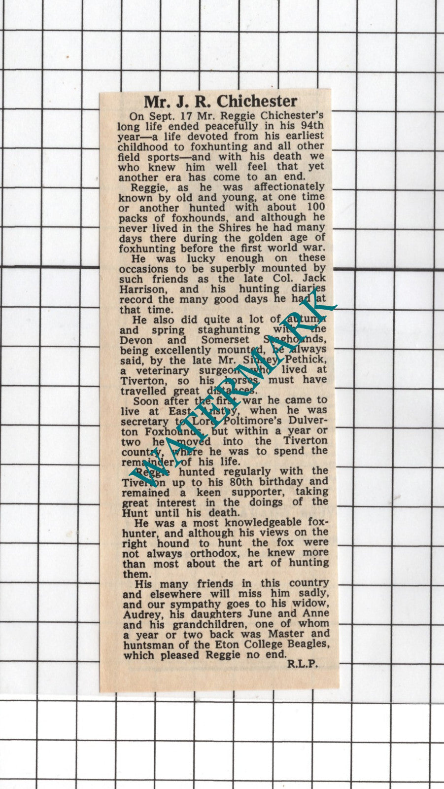 Mr J R Chichester Reggie Chichester Obituary - 1968 Small News Cutting