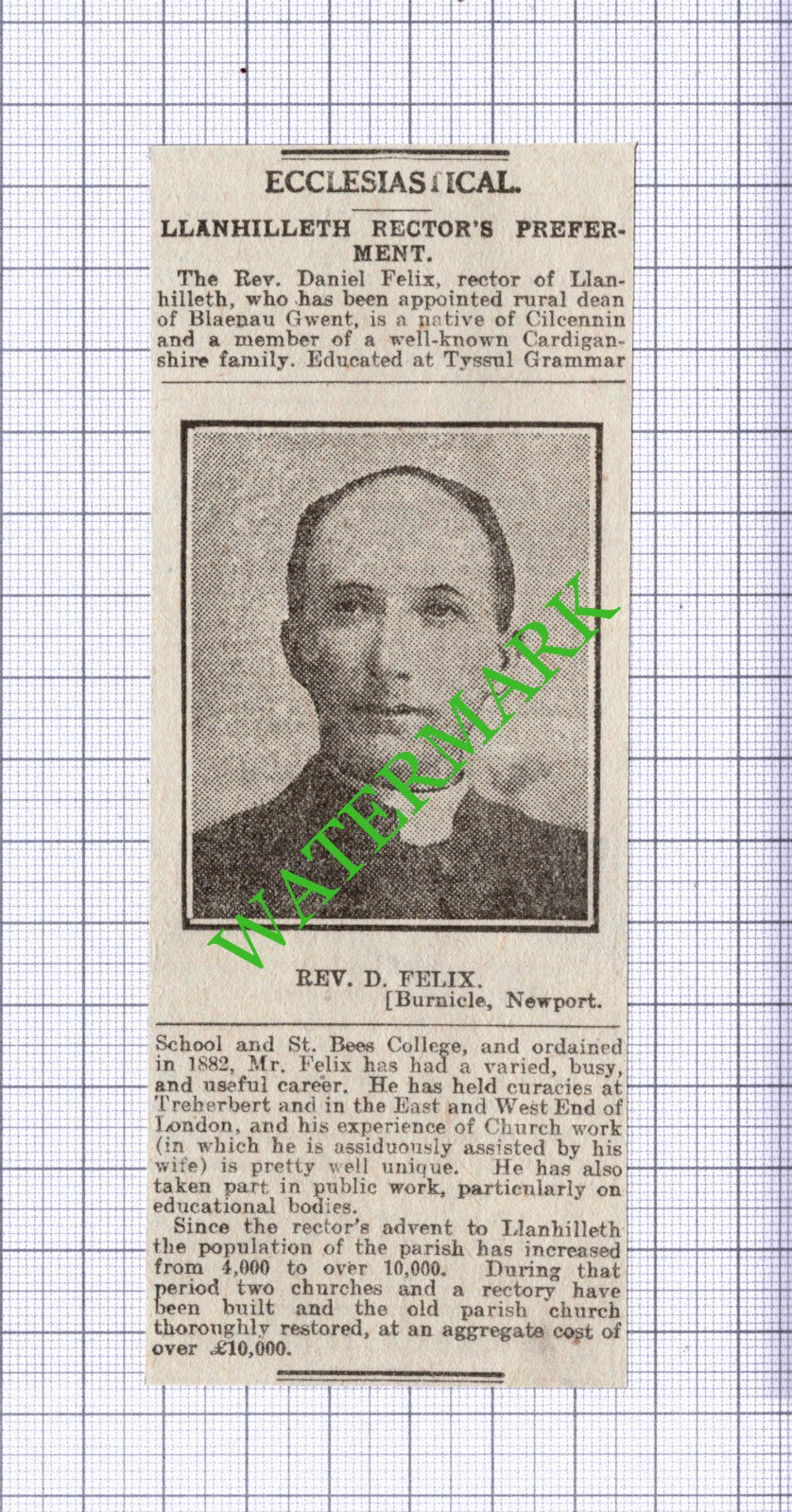 Rev Daniel Felix Llanhilleth Wales - 1916 News Cutting