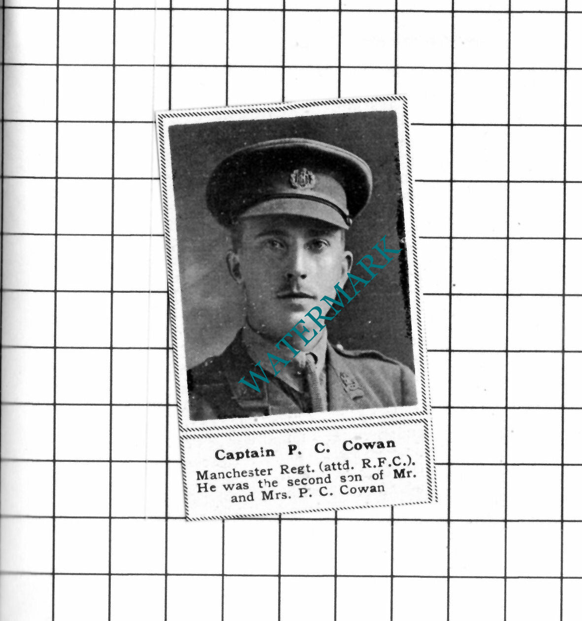 Captain P C Cowan Manchester Regiment WW1 - c.1918 SMALL Clipping / Print