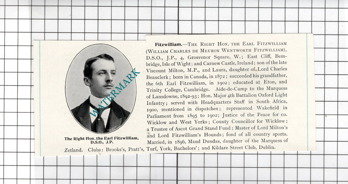 Earl Fitzwilliam William Charles De Meuron Wentworth Fitzwilliam c.1905 Cutting