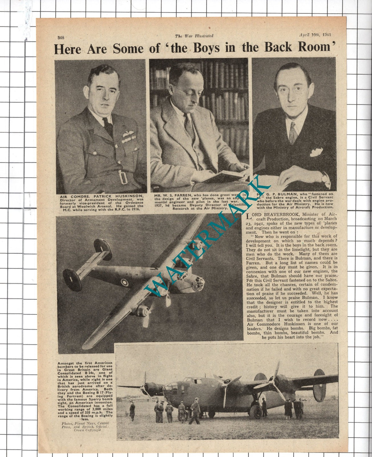 Air Comm Patrick Huskinson Mr W S Farren G P Bulman WW2 Aircraft - 1941 Article