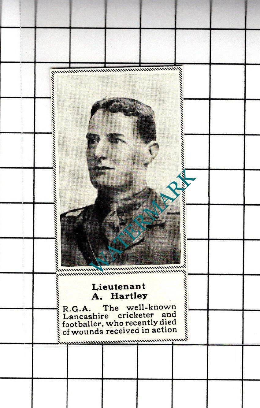 Lt A Hartley RGA Lancashire Cricketer WW1 Great War - 1919 SMALL Cutting