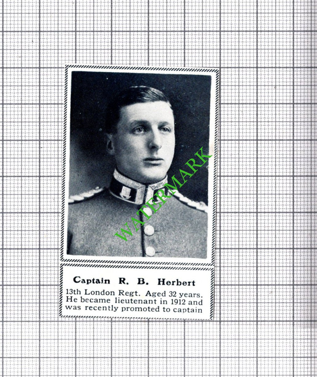 Captain R B Herbert 13th London Regt - c.1918 SMALL Cutting