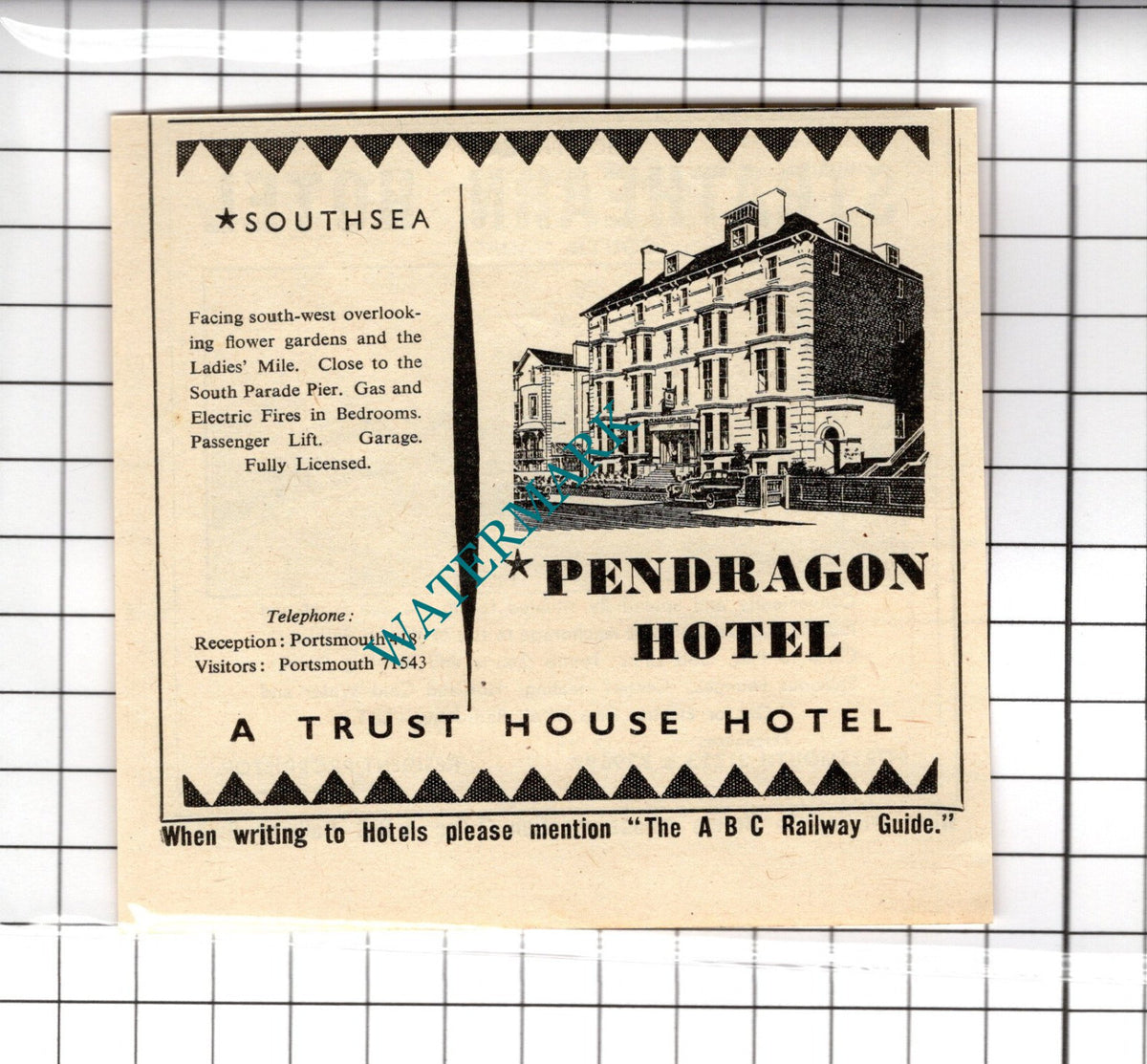Strathearn Hotel Southsea / Pendragon Hotel Southsea Small Advert - 1958 Cutting