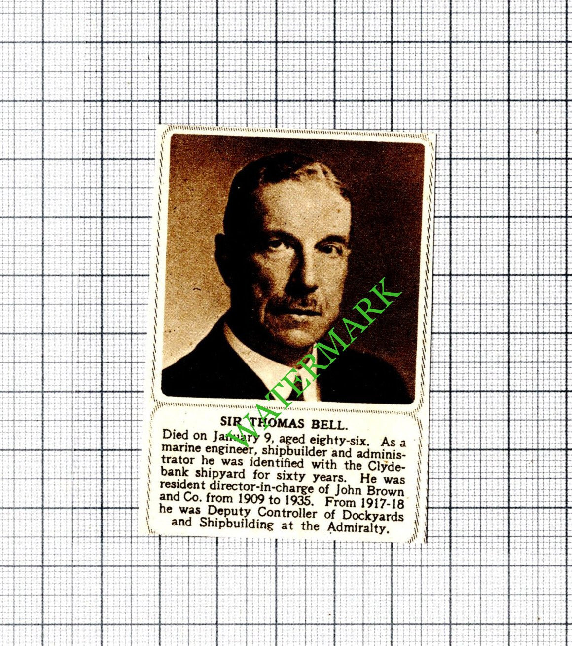 Sir Thomas Bell John Brown & Co Obituary - 1952 SMALL Cutting