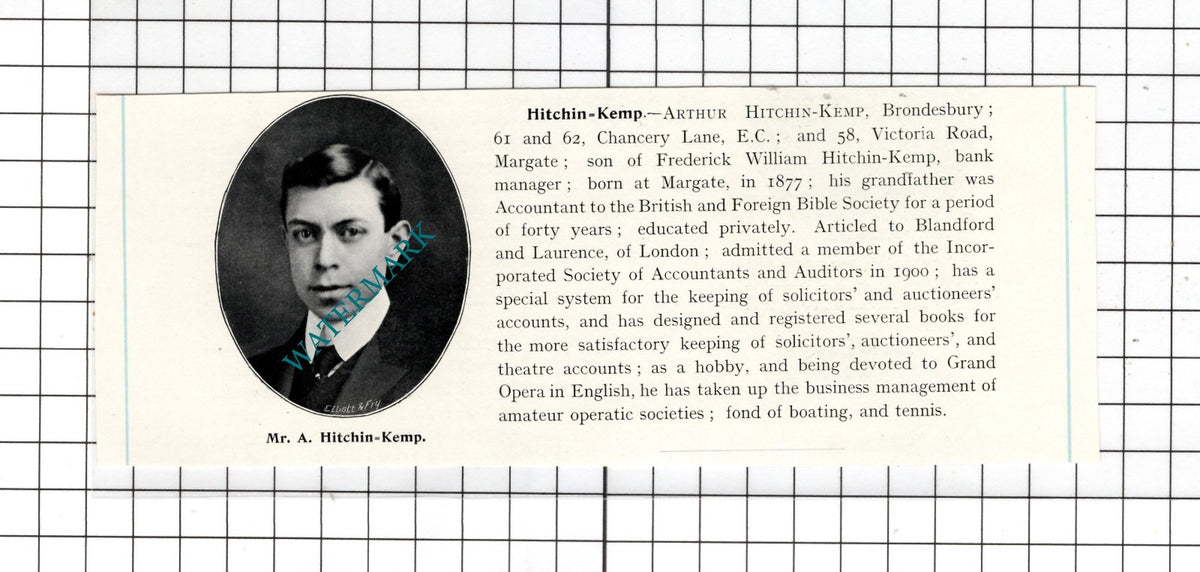 Mr Arthur Hitchin-Kemp Brondesbury London Margate Kent - c.1905 Clipping