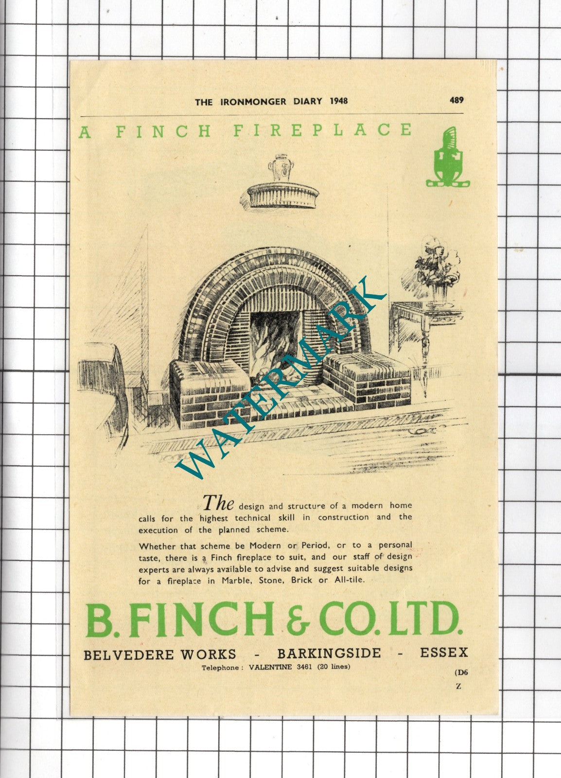 B Finch & Co Ltd Belvedere Works Barkingside Essex Finch Fireplace - 1948 Advert
