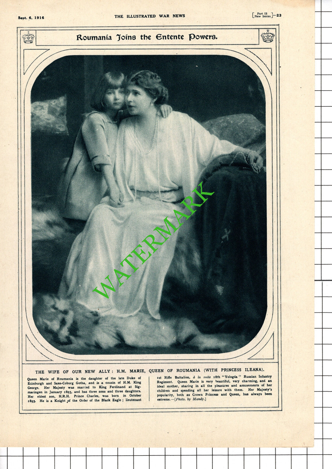 HM Marie Queen Of Roumania Princess Ileana -- 1916 Cutting / Print
