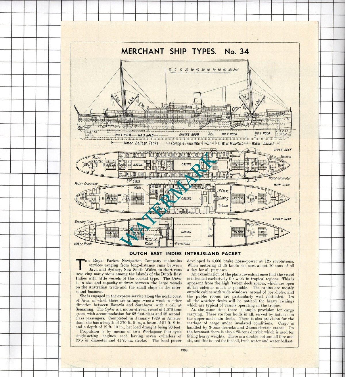Dutch East Indies Inter-Island Packet Ship OPHIR - c.1940's Cutting / Print