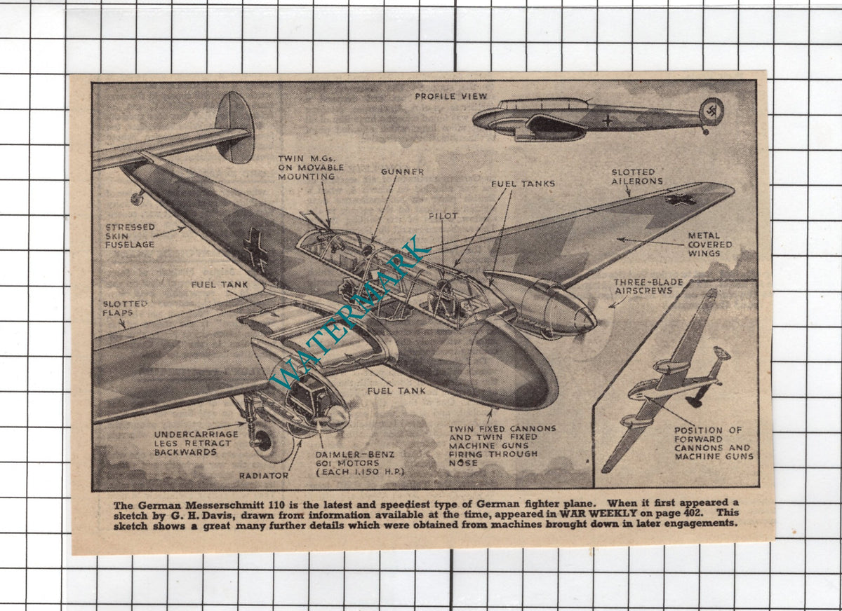 German Messerschmitt 110 Aeroplane WW2 Diagram - 1940 Clipping