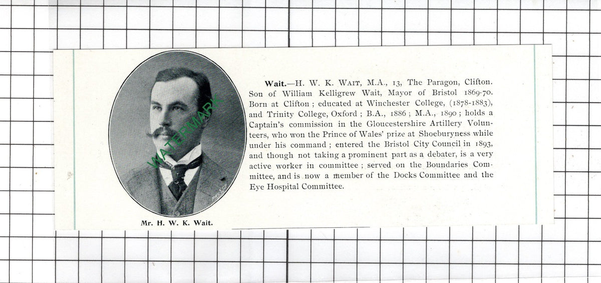 Mr H W K Wait 13 The Paragon Clifton Bristol William Kelligrew - 1898 Clipping