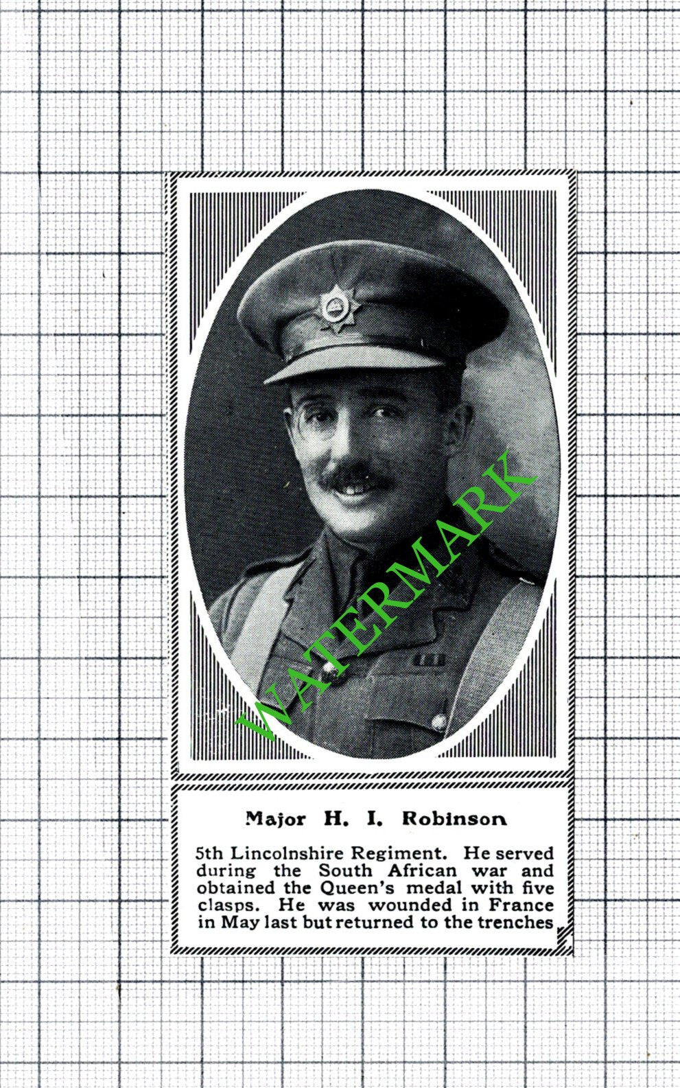 Major H I Robinson 5th Lincolnshire World War One WW1 - c.1918 SMALL Cutting