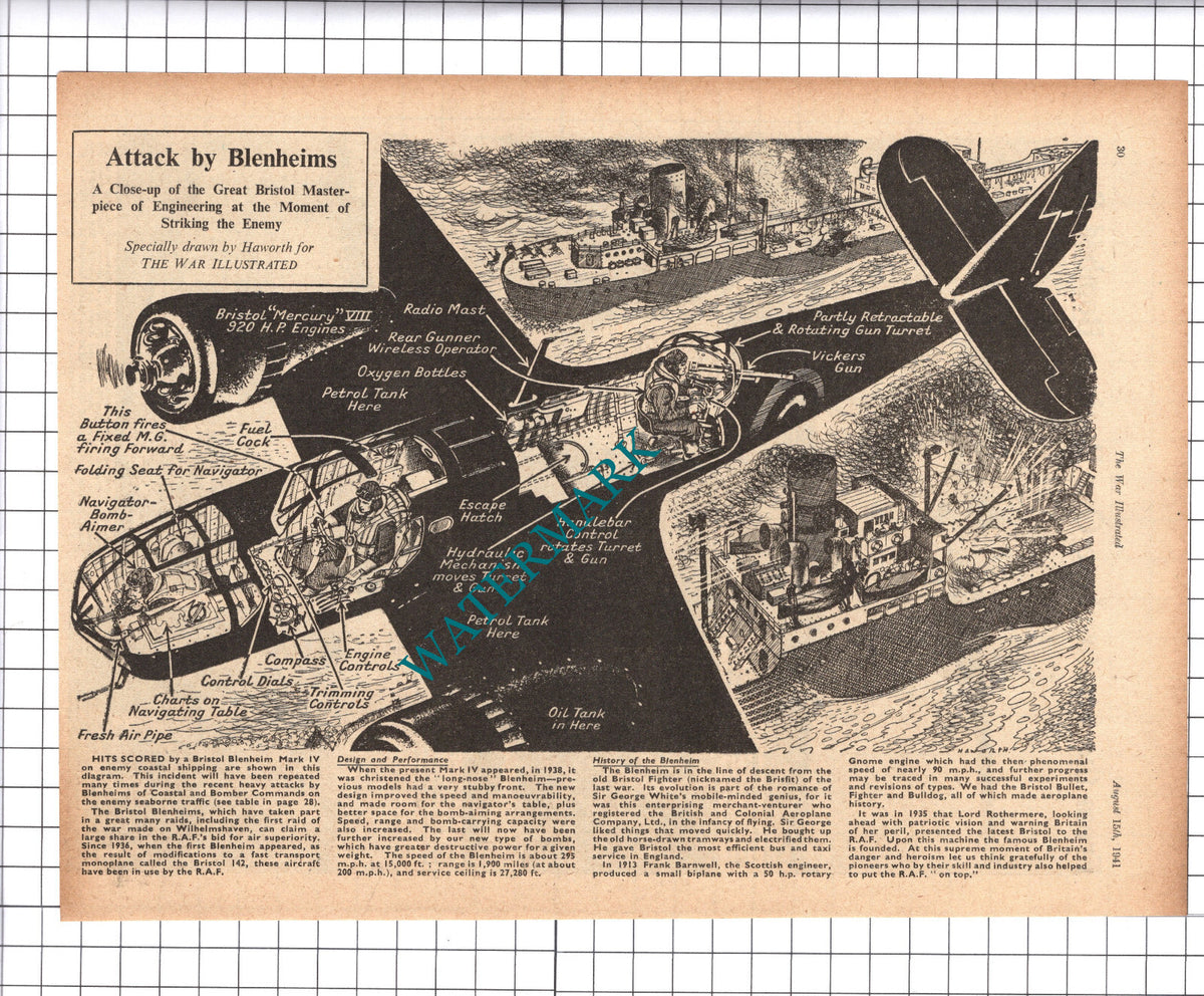 Bristol Blenheim Fighter Plane Diagram World War Two WW2 - 1941 Book Print