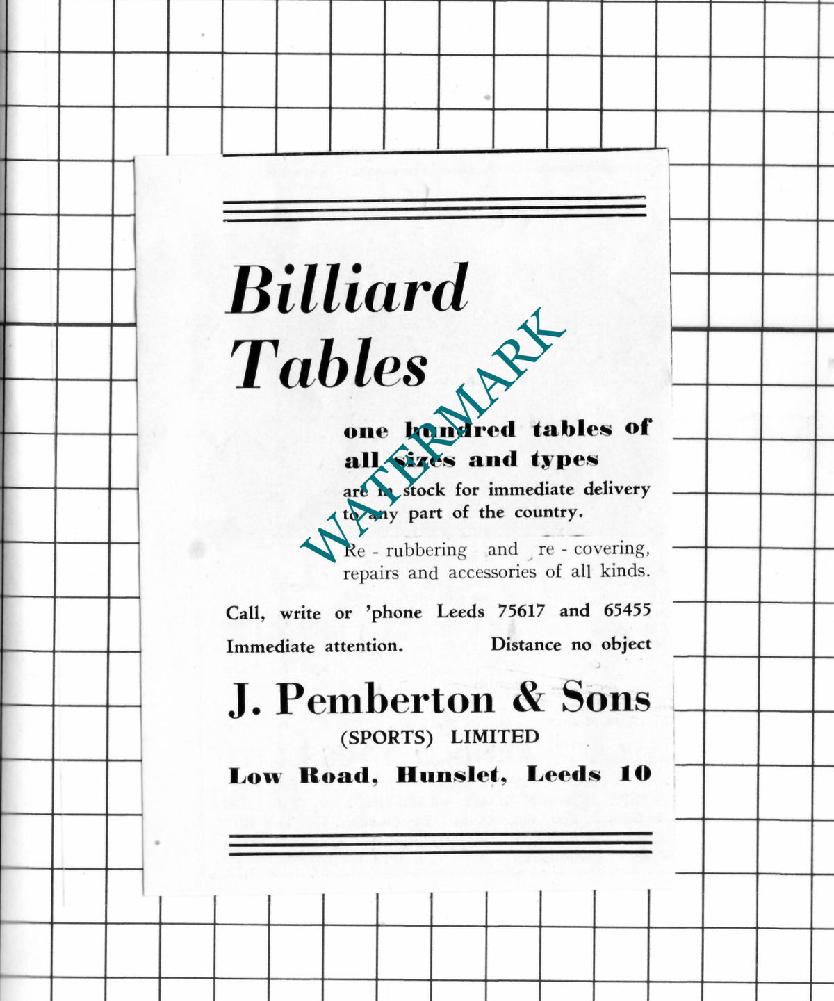 J Pemberton & Sons Sports Ltd Hunslet Leeds SMALL Advert - 1949 Clipping